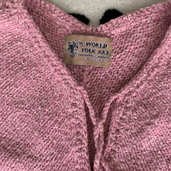 Vintage World Folk Art Pink Fringe Knit Boho Hippie Poncho Sweater - Picture 7 of 12